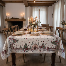Nappe de Noël rectangulaire ornée de gnomes gobelins en jacquard rouge