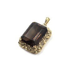 Pendentif or 585 14 carats 5,5 cm amulette 69,3 ct quartz fumé taille émeraud...