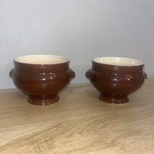 Lot 2 Soupières Individuelles Têtes Lion Faïence Vernissée Marron Émile Henry