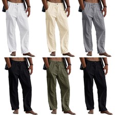 Pantalon Homme Ample Lin Pantalon Droit Taille Élastique Pantalon /