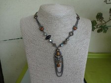COLLIER TOUR DE COU STYLE REMINISCENCE CHAÎNES VIEIL ARGENT STRASS+PIERRE AGATE