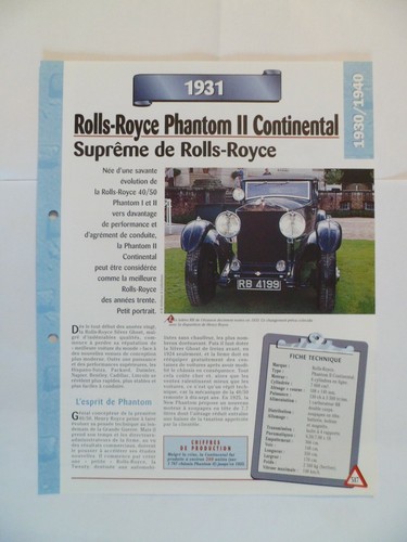 Carte fiche auto rolls royce - carte,