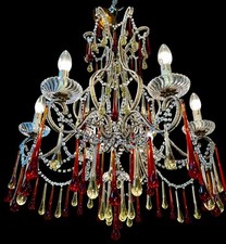 ancien lustre rouge grenade et or avec perles, Murano XIXe siècle