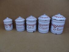 ancienne serie de 5 Pots à épices en tôle émaillée Motif LUSTUCRU rouge