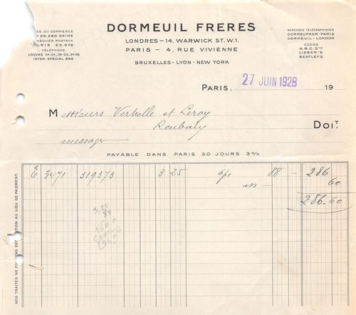 Facture 1928 dormeuil freres - ,