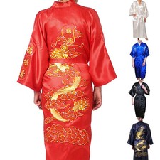 Hommes Satin Chinese-Dragon Kimono Soie Peignoir Pyjama Robe Bain / Peignoir