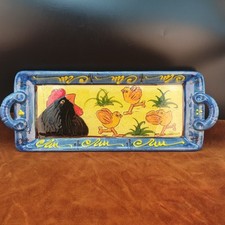 Plat à cake Terre cuite vernissée Poule & poussins Keif Germany Art Pottery