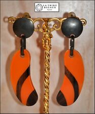 VINTAGE FRENCH SIGNED LA TRIBU RIGAUX RESIN WOOD METAL DANGLING CLIP ON EARRINGS