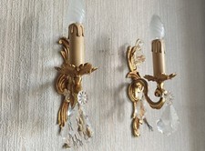 Paire d'appliques en bronze doré à pampilles de cristal Lucien GAU - Etat Neuf