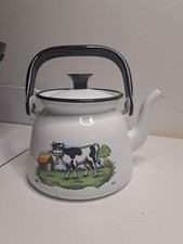 Cafetière émaillée vintage blanche décor vache GSW – déco ferme rétro 1L