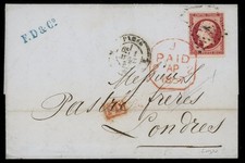 TB lettre avec TB YT N°17A carmin foncé Nap 80c de Paris pour Londres Avril 1857