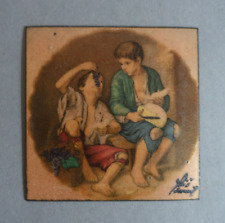 Tableau d'émaux sur cuivre figurant 2 enfants mangeant des fruits signé Vintage