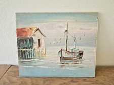Tableau de marine , peinture à l'huile   , vintage, bateau de pêche