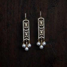 Boucles d'Oreilles Clous Doré Mat Rectangle Art Deco Perle Mariage Filigrane SA4