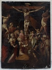 Tableau Ancien 17ème Crucifixion du Christ Golgotha Peinture Religieuse Cuivre