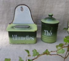 BOÎTE D'ALLUMETTES ET BOÎTE À THÉ ANCIENNES EN TÔLE ÉMAILLÉE - VERT DÉGRADÉ
