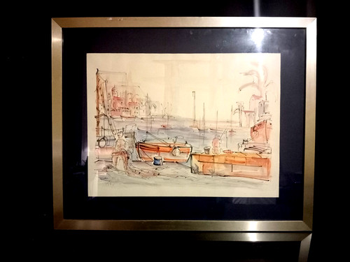 Aquarelle paysage animé - aquarelle, port