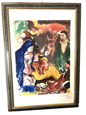 Grande lithographie moderne signée encadrée - La Nativité, Crèche de Noël