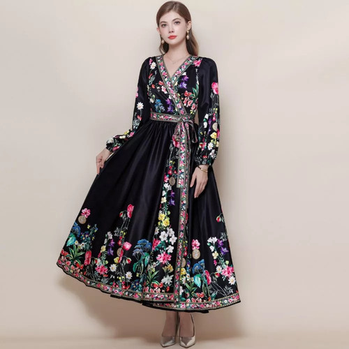 Robe longue noire fleurie - longue,