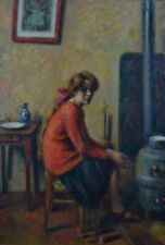 Tableau ancien Portrait Jeune femme dans l'atelier poêle  Guerin Japon expo1907