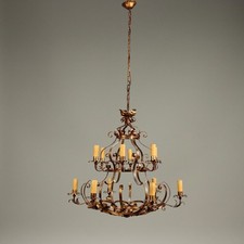 Lustre Ancien Fer Métal Dorés 12 Lumières Italie du XXe Siècle Original