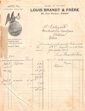FACTURE  1913 LOUIS BRANDT ET FRERE A PARIS - M. MALIZARD A VALENCE