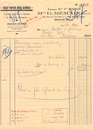 Facture 1944 sacs papier - ,