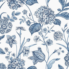 Papier Peint Floral Amelie Hydrangea Fleurs Bleues / Fond Blanc RASCH 260169