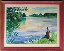 Tableau aquarelle de Gérard Fagard (1938-2021): pêcheurs sur le lac