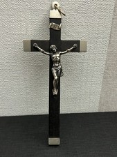 Ancien Crucifix Croix Pendentif en Métal Blanc et Bois Ebène