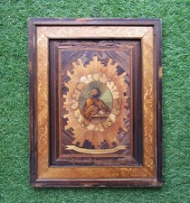 Ancien beau tableau XVIIIe marqueterie de paille Saint Joseph travail de bagnard