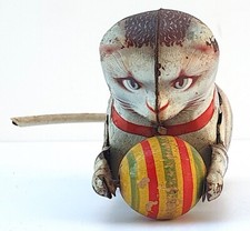 CHAT À LA BALLE JOUSTRA FRANCE  ANCIEN JOUET MÉCANIQUE FONCTIONNE VOIR VIDÉO