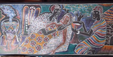 TOILE MURALE  AFRICAINE ENCADDREE,  BATIK AFRICAIN , SCENE DE VIE   AFRICAINE