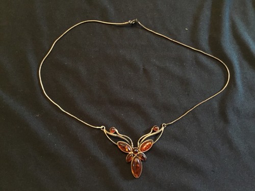 Collier argent papillon - , ambre