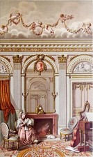SALON d'un HÔTEL PARTICULIER: LECTURE au coin du FEU - Gravure couleur du 19e