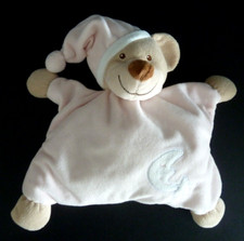 V. DOUDOU COUSSIN CARRE BOUT ' CHOU OURS rose blanc étoile lune grelot  - TTBE