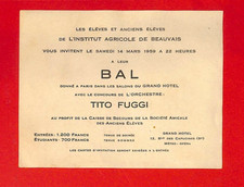 BEAUVAIS ( 60 ) INSTITUT AGRICOLE / CARTON D' INVITATION BAL / TITO FUGGI 1959