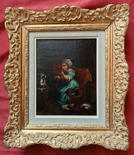 Superbe huile fin  du XVIII e siècle  école Française  " Scéne d'intérieur  "