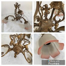 Luminaire Vintage Lustre en Métal Doré Avec Ange Angelot Putti Tulipes Roses