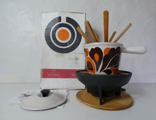 service à fondue Le Creuset paon orange vintage complet en boite