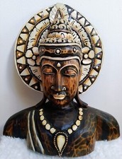 Buste Bouddha bois 38cm Pièce Unique Artisanal Neuf Inde Sculpté Peint Main 