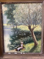 Emile Gauffriaud 1877/1957 huile sur bois 38,5 x 48,5 cm paysage lacustre animé 