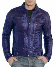 Blouson motard homme cuir véritable bleu moto slim fit vintage
