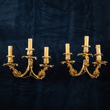 Antique French Sconces Pair Gilt Brass Bronze  With Three Lights Each