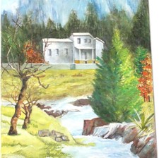 PAYSAGE DE MONTAGNE Maison en Bord de Rivière Signé HUILE sur TOILE 33x46cm