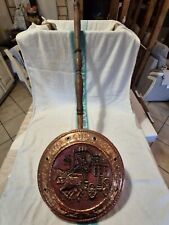 Réchauffe-lit ancien en cuivre et laiton, motif diligence, 90 cm