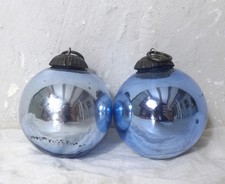 Lot de 2 boules de Noël anciennes en verre soufflé bleu
