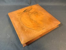 Ancienne boîte en carton et cuir illustration oiseau rangement papiers de bureau