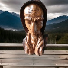 Superbe statue buste d'un moine en bois sculpté estampillé