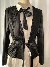 Gracia Frilled Ruffle Wet Look Stretch Fitted Black Jacket  with Tie- Size S